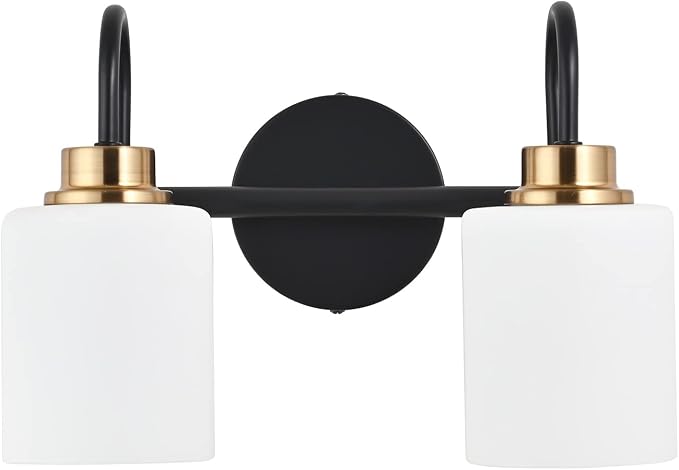 Modern Matte Black and Gold Bathroom Vanity Light Fixtures 2 Lights Milky Glass by ZHUOERLighting