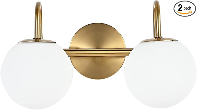 Modern Bathroom Vanity Light Fixtures 2 Lights Brushed Brass Milk White Globe by ZHUOERLighting