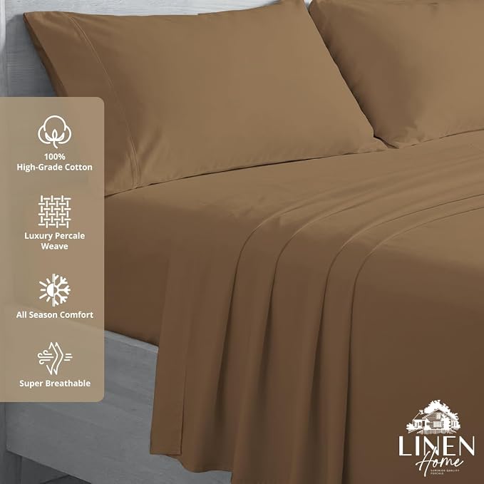 Linen Home 100% Cotton Percale Sheets Twin Size, Earthy Brown, Deep Pocket - Image 3