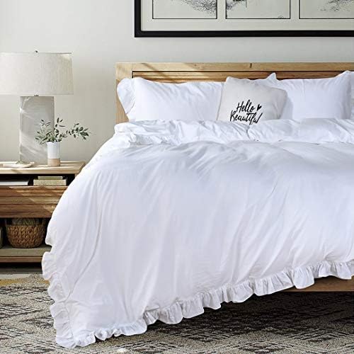 QSH Washed Cotton Ruffled King Duvet Cover Set, Vintage White Shabby Boho Chic - Image 6