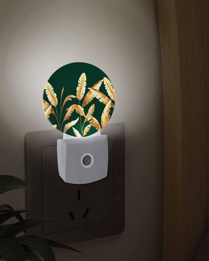 Night Lights Auto Sensor Golden Foliage Night Light Green Minimalist Leaf Round - Image 3