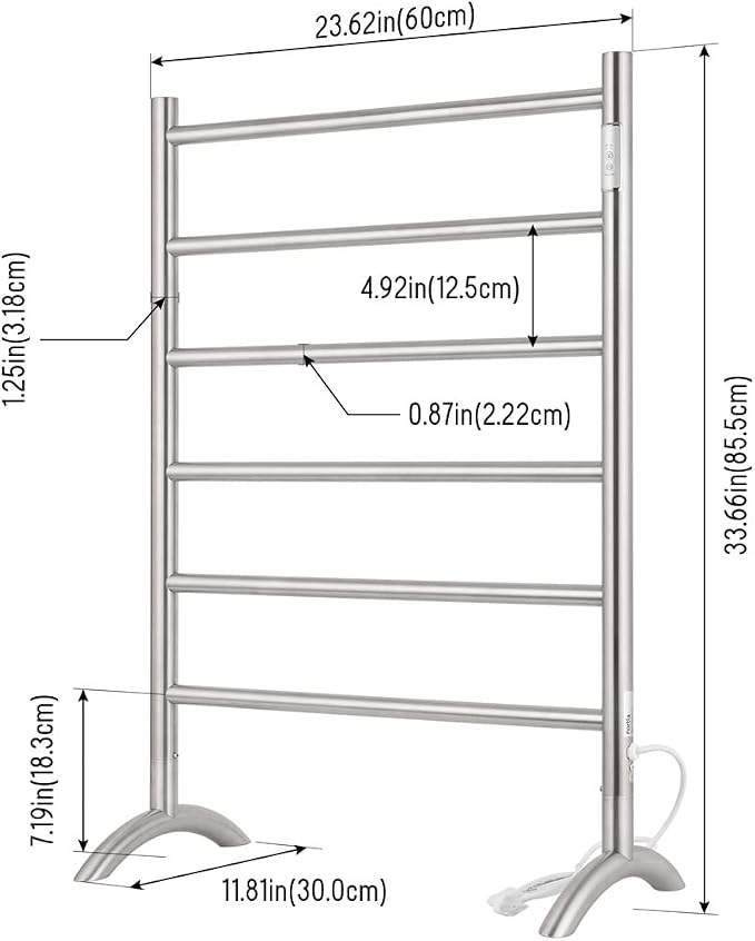 Freestanding Towel Warmer 6 Bars Plug-in Option 3 Working Modes Brushed - Image 6