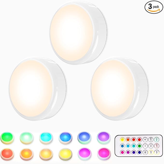 HELPLEX LED Puck Lights with Remote, 3 Pack Color Changing RGBW Stick-On Light by HELPLEX