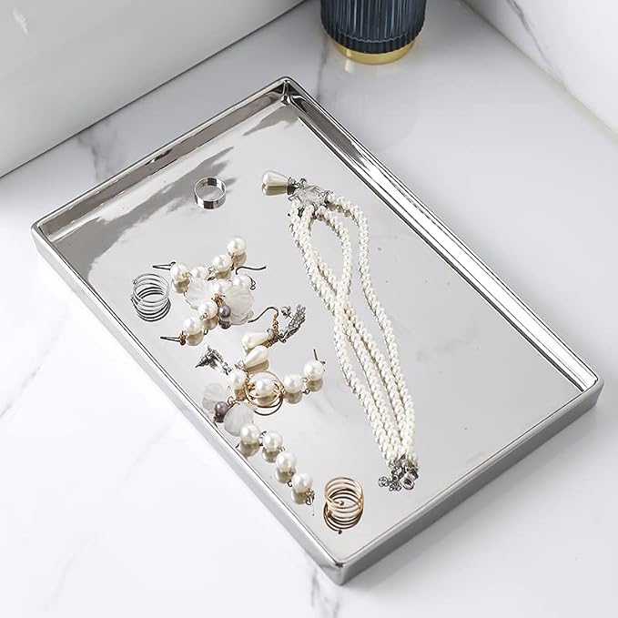 Silver Ceramic Jewelry Mirror Tray Vanity Holder Rectangular Mini Small Medium - Image 5