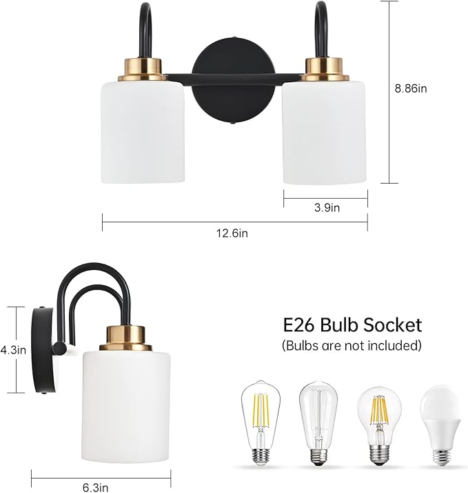 Modern Matte Black and Gold Bathroom Vanity Light Fixtures 2 Lights Milky Glass - Image 5