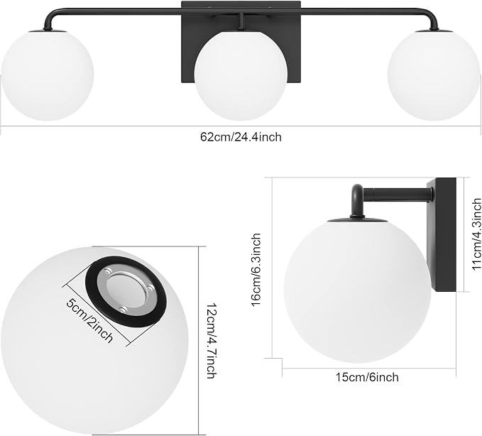 Tipace Mid Century Modern Bathroom Vanity Lights Fixtures 3-Light Black Milk - Image 4