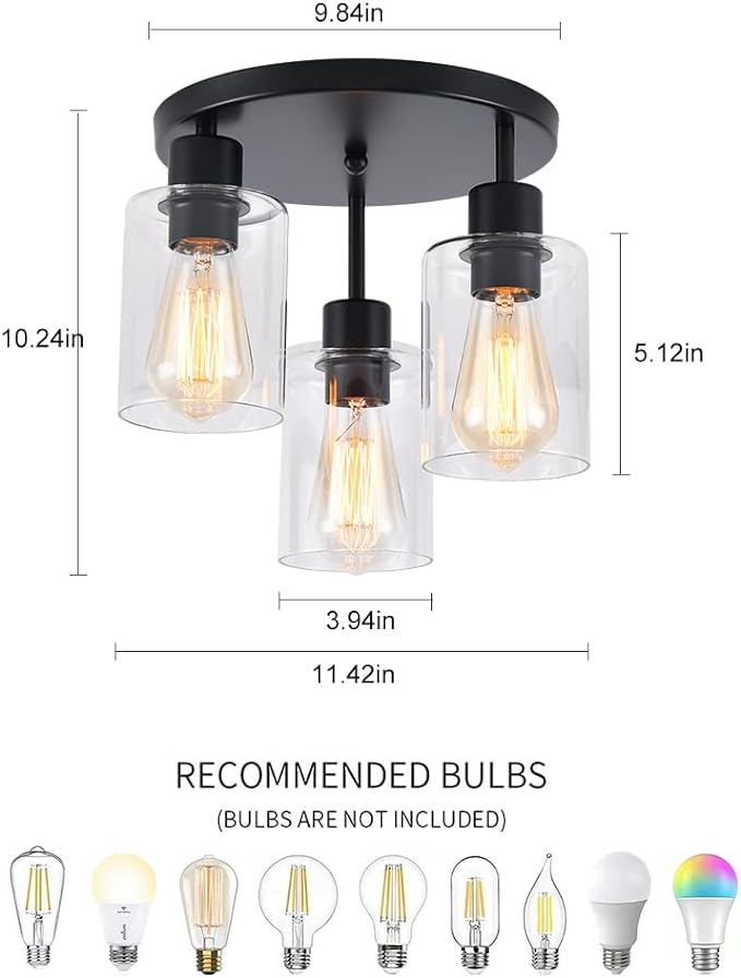 3-Light Industrial Farmhouse Black Matte Light Fixtures Ceiling Mount, - Image 4