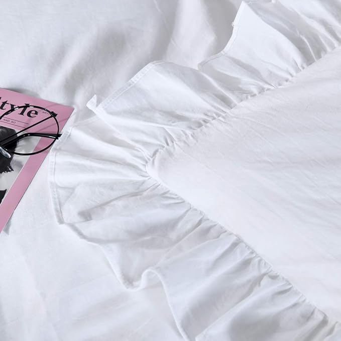 QSH Washed Cotton Ruffled King Duvet Cover Set, Vintage White Shabby Boho Chic - Image 2