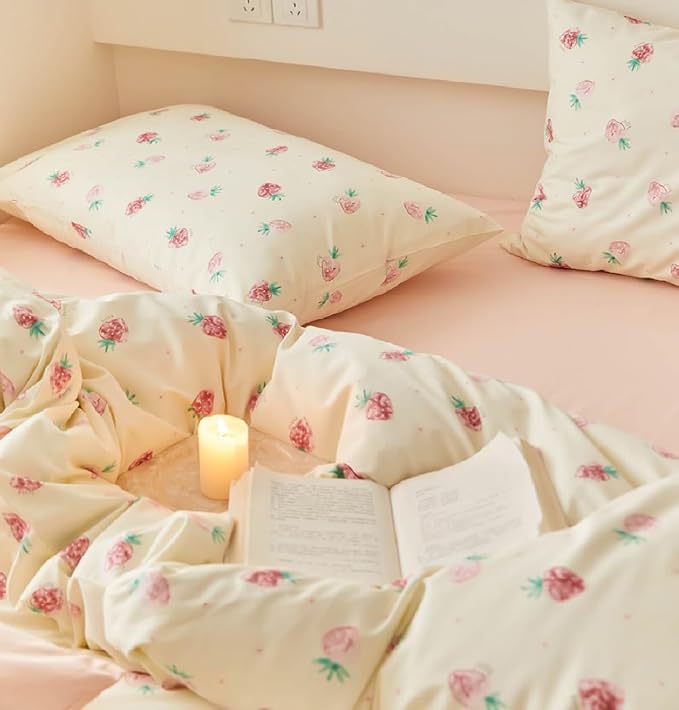 Nayoroom Strawberry Duvet Cover Set King Size Girls Cute Pink Strawberries - Image 4
