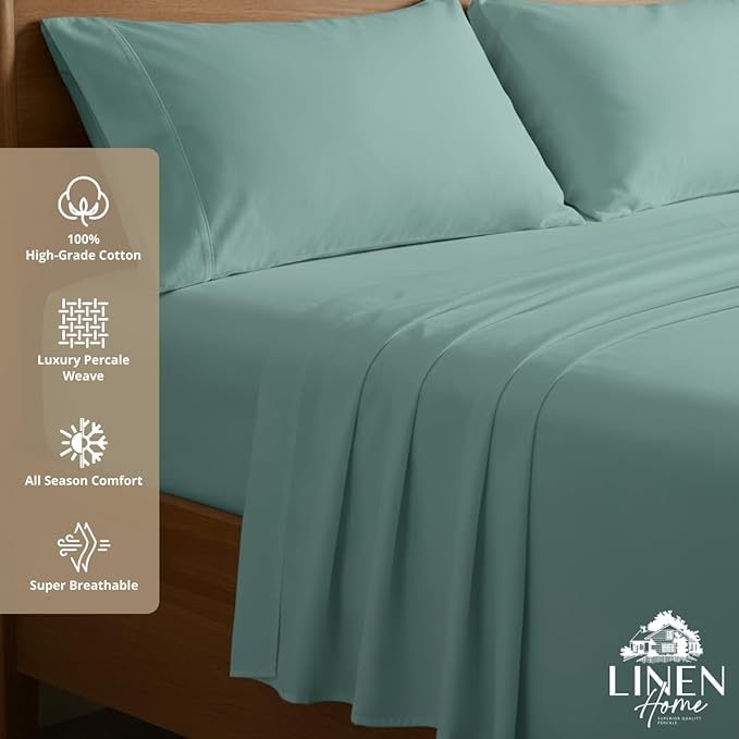 Linen Home 100% Cotton Percale Sheets King Size, Aqua Blue, Deep Pocket - Image 3