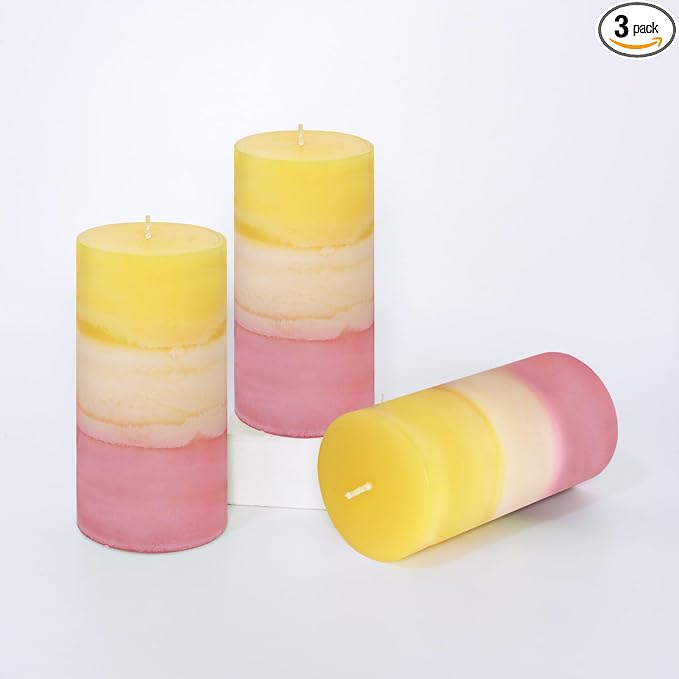 Sweet Honeysuckle Scented 3x6 Inch Pillar Candles Yellow White Pink Layered by FLAVCHARM