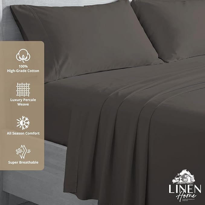 Linen Home 100% Cotton Percale Sheets Twin Size, Smoky Charcoal, Deep Pocket - Image 3