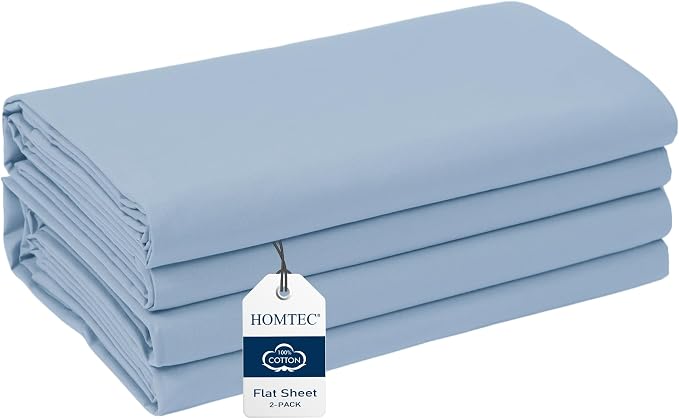 California King Size Flat Sheet 2 Pack, 100% Cotton Percale Flat Bed Sheet by HOMTEC