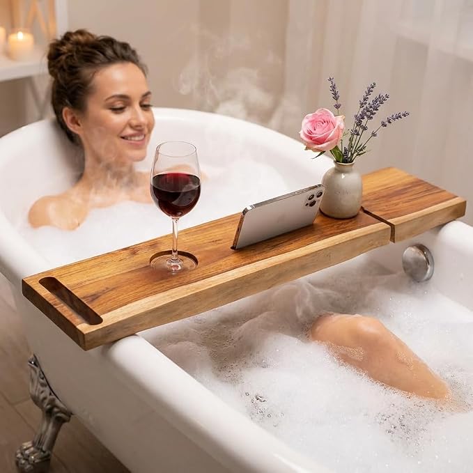 EcoDecors Eleganto 50" Live Edge Solid Teak Bath Caddy Tray - Image 4