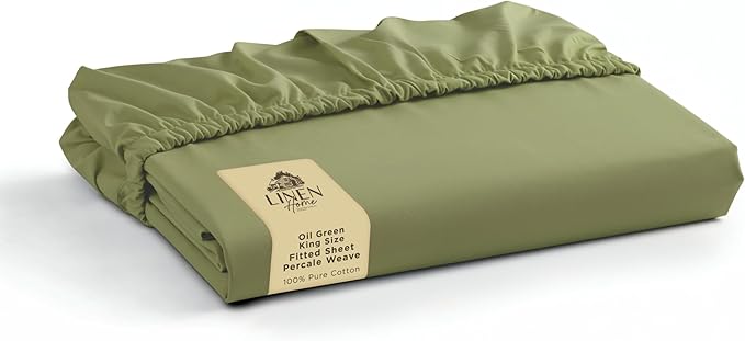 Linen Home 100% Cotton Percale Weave Fitted Sheet, King Size, Oil Green by LINENHOME