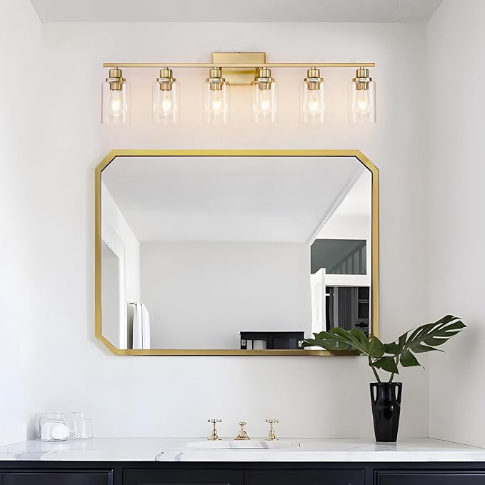 6 Light Gold Bathroom Light Fixtures Brushed Brass Vanity Light Over Mirror - Image 2