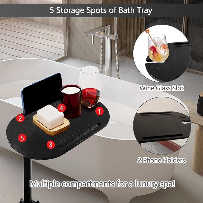 3 Layer Bathtub Tray Table, Bamboo Swivel Bathtub Side Table Height Adjustable - Image 6
