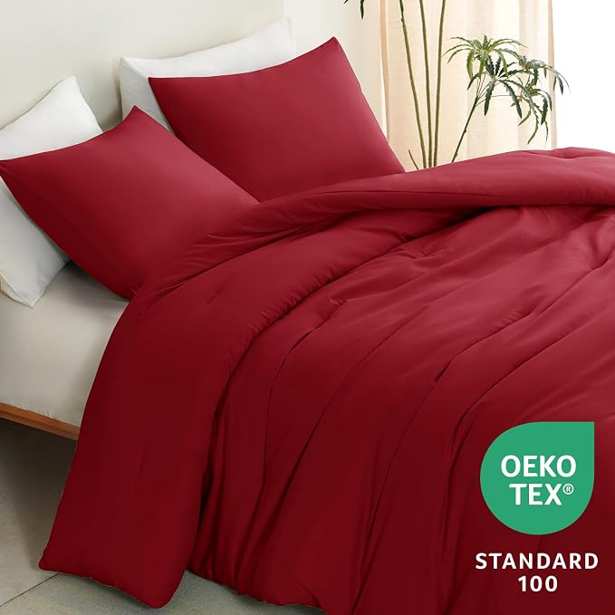 CozyLux Oversized Queen Comforter Set Dark Red, 3 Pieces 98x98 Solid Breathable - Image 4