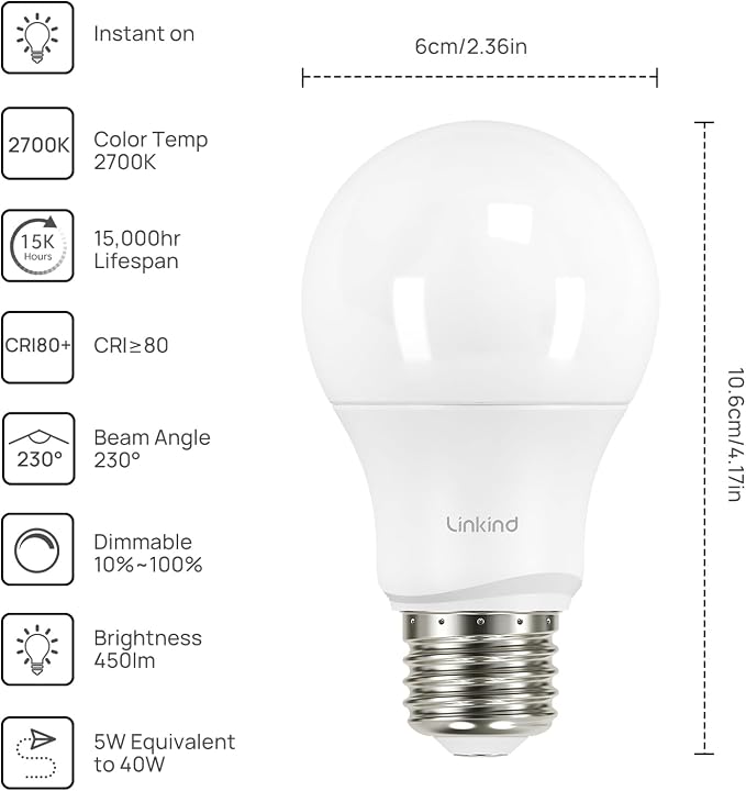 Linkind A19 LED Light Bulbs Dimmable, 40 Watt Equivalent, E26 Base, 2700K Soft - Image 2