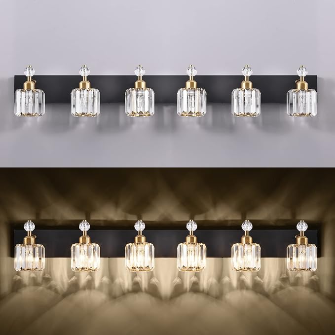 PRESDE Crystal 6 Light Bathroom Vanity Lights Black and Gold Bathroom Lights - Image 6