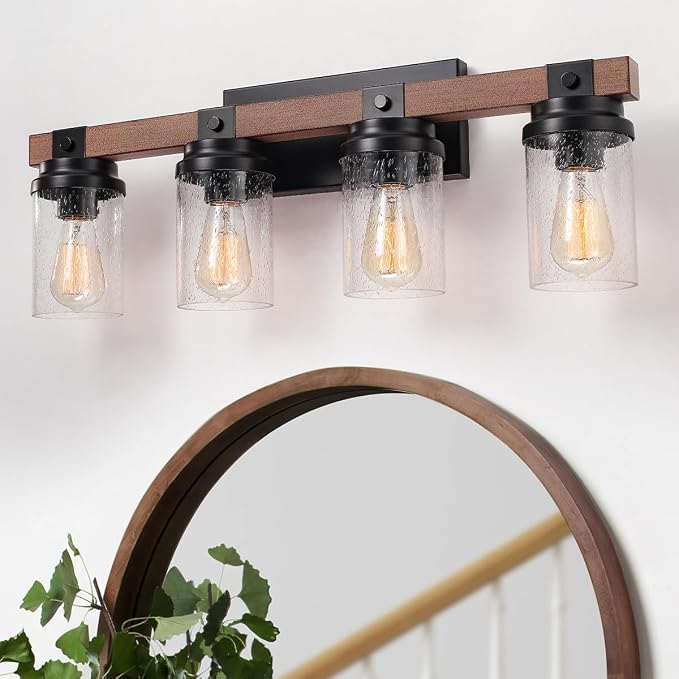 4-Lights Farmhouse Bathroom Vanity Light, Rustic Wood Bathroom Light Fixtures by ZSMIHDOH