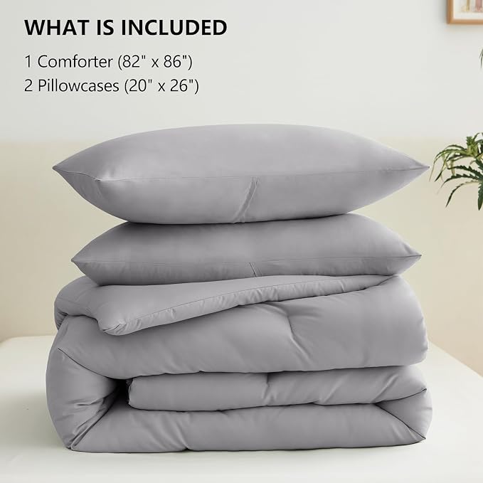 CozyLux Full Size Comforter Set Grey, 3 Pieces Solid Breathable Quilted Bedding - Image 6