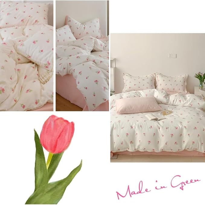 Nayoroom Pink Floral Duvet Cover Twin Size Cute Tulip Printed on White - Image 4
