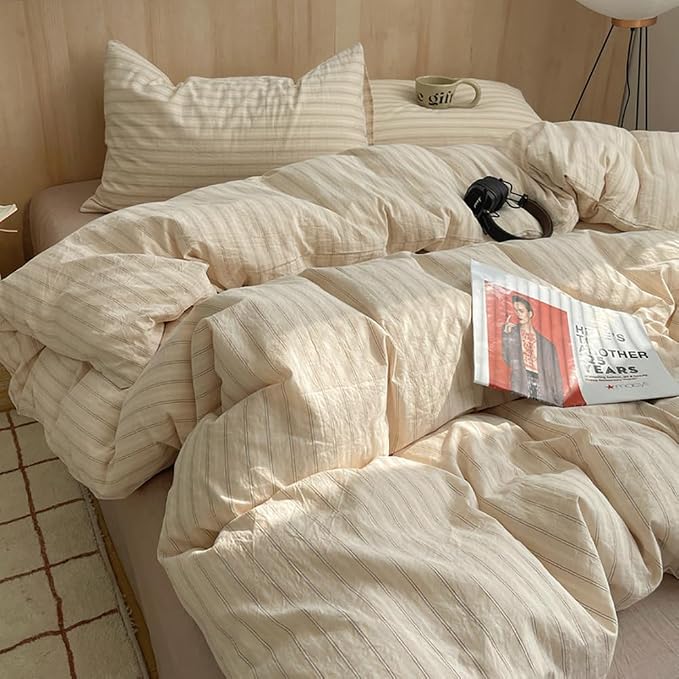 Nayoroom Striped Duvet Cover King Size 100% Washed Cotton Beige Duvet Cover by Nayoroom