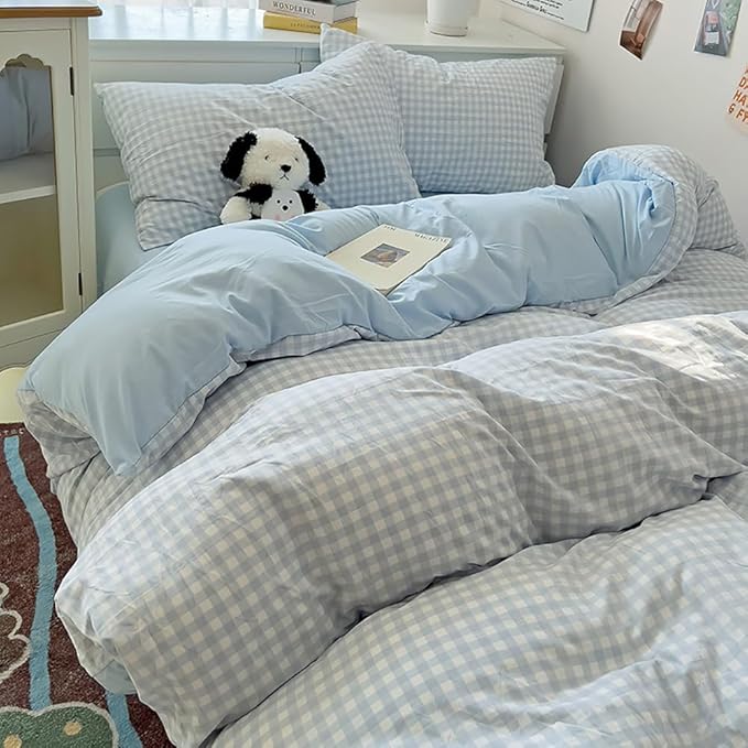 Nayoroom Gingham Duvet Cover King Size Reversible Blue Plaid Checkered Duvet - Image 3