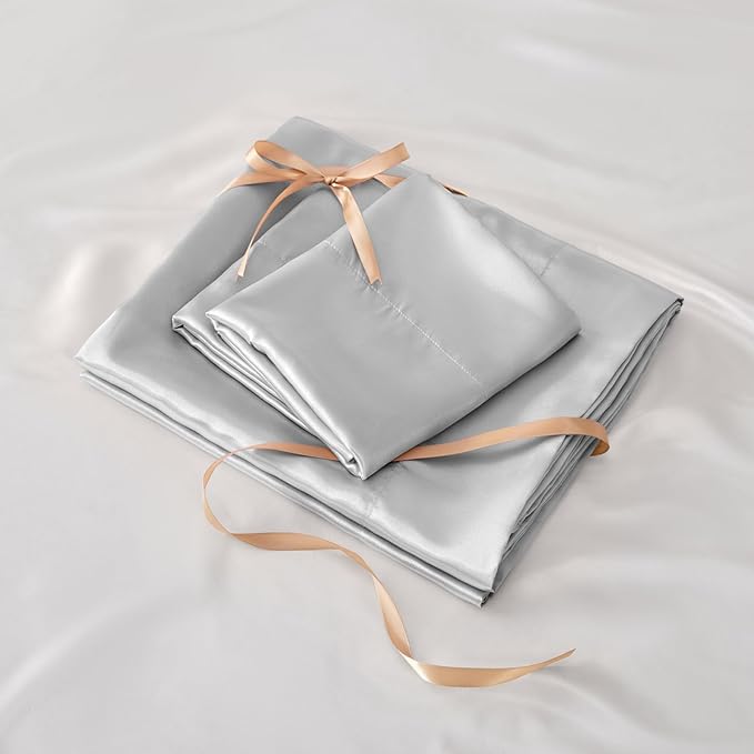 BEDELITE Satin Sheets Twin XL Size Bed Set, Luxury Soft Grey Silky Sheets - Image 6