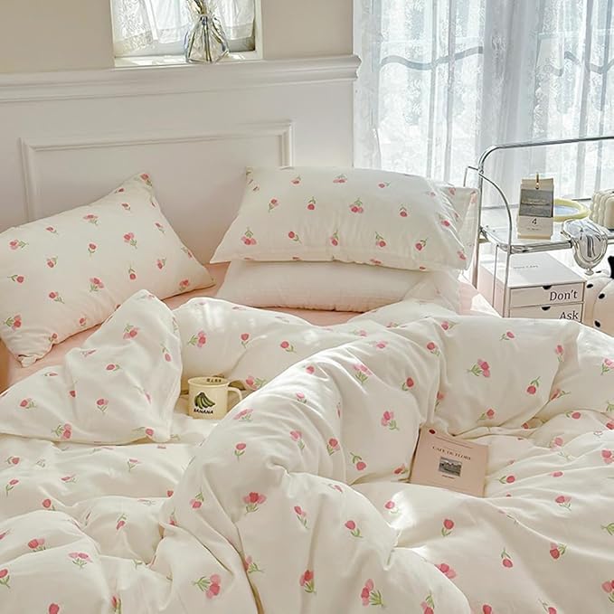 Nayoroom Pink Floral Duvet Cover Queen Size Cute Tulip Printed on White - Image 5
