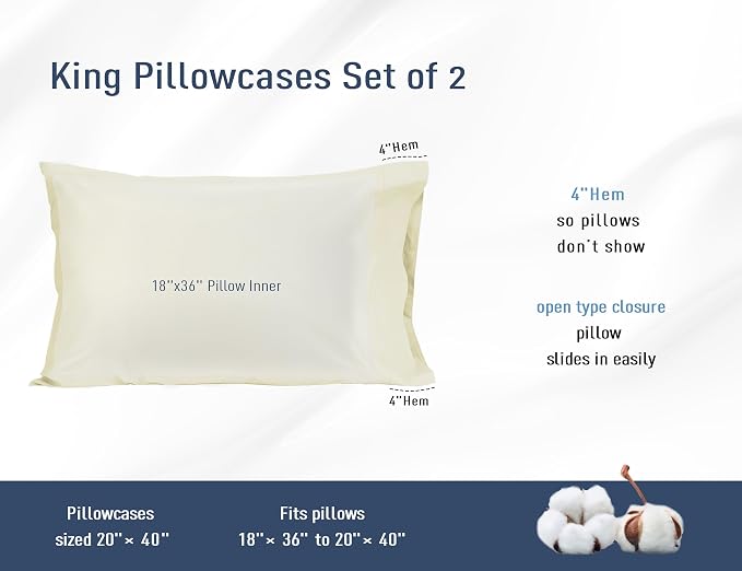 Pillow Cases, King Size Cotton Percale Weave Pillowcases, Pre-Shrunk Breathable - Image 3