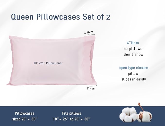 Pillow Cases, Standard Queen Size Cotton Percale Weave Pillowcases, Pre-Shrunk - Image 3