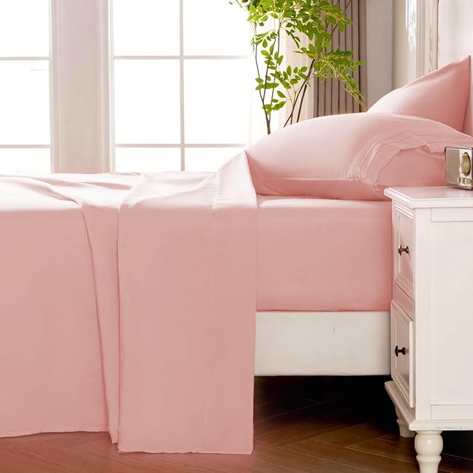 ROSE&RISY Pink Sheet Set, 4 Pieces Soft Bedding Queen Sheet Set, Breathable and - Image 4
