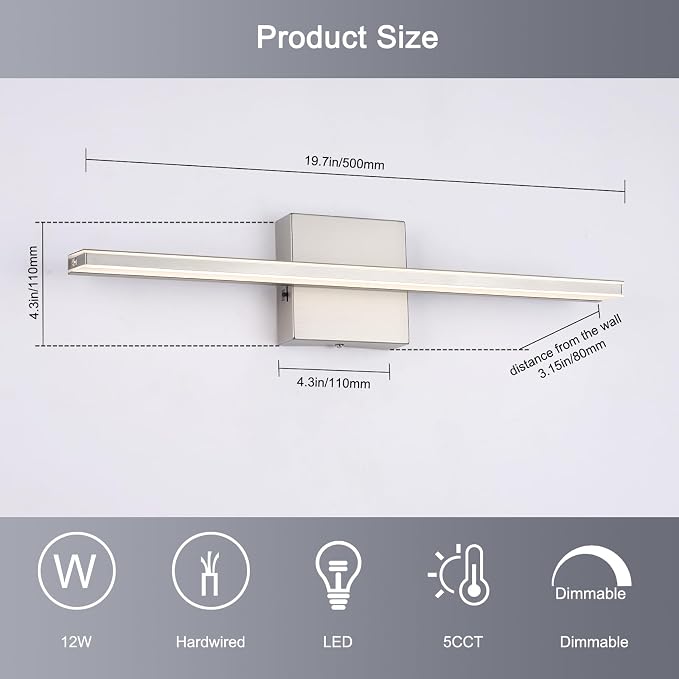 16W LED Vanity Light Bar, 19.6-Inch Brushed Nickel Bathroom Fixture, 5CCT Color - Image 5