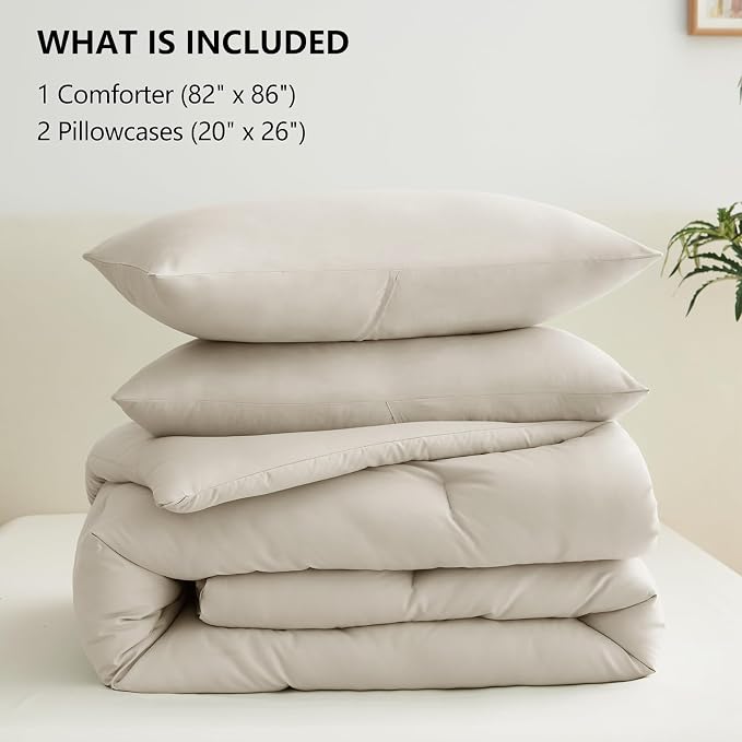 CozyLux Full Size Comforter Set Beige, 3 Pieces Solid Breathable Quilted - Image 7