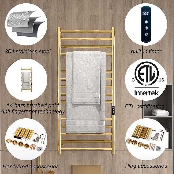 Gold Wall Mounted Heated Towel Rack, Timer & Temperature Control Electric Towel - Image 6