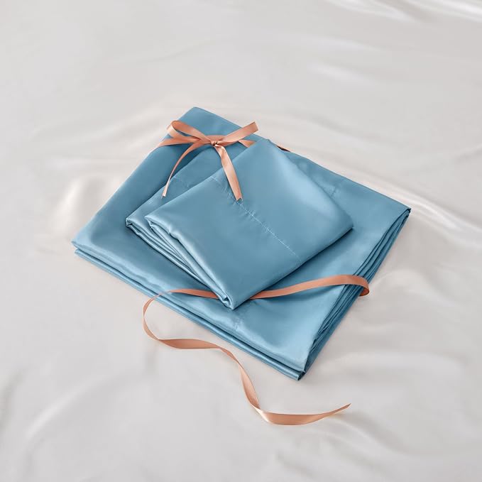 BEDELITE Satin Sheets Twin Size Bed Set, Luxury Soft Airy Blue Silky Sheets - Image 7