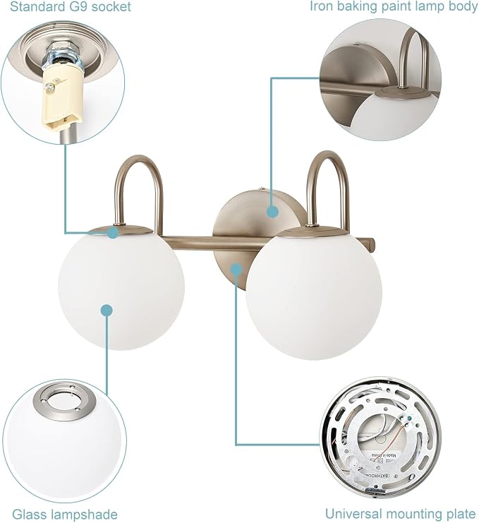 Modern Bathroom Vanity Light Fixtures Brushed Nickel 2 Lights Milk White Globe - Image 4