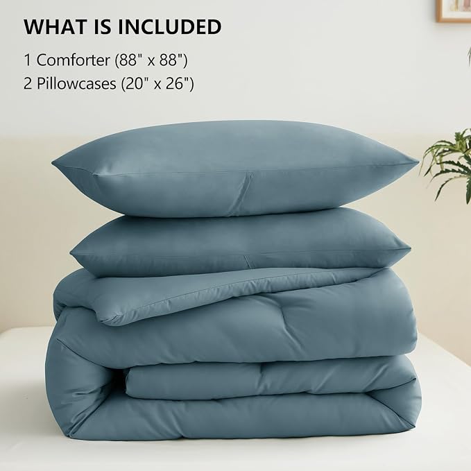 CozyLux Queen Comforter Set Mineral Blue, 3 Pieces Solid Comforters Queen Size - Image 6