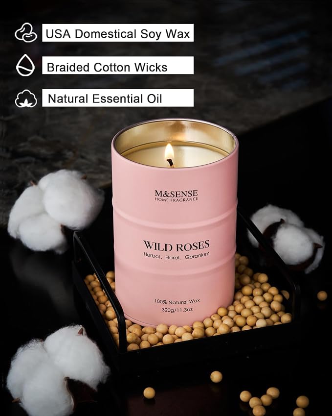 M&SENSE Wild Rose Natural Scented Candle, 70 Hours Long Lasting Soy Candles - Image 4