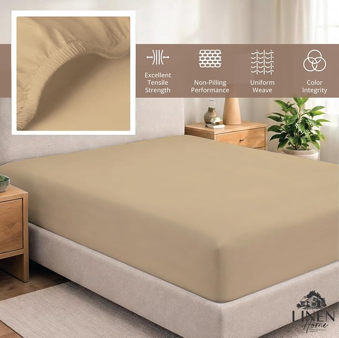 Linen Home 100% Cotton Percale Weave Fitted Sheet, King Size, Light Taupe - Image 5