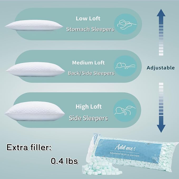 Rainmr Queen Size Bed Pillow for Sleeping Shredded Memory Foam Adjustable Loft - Image 8