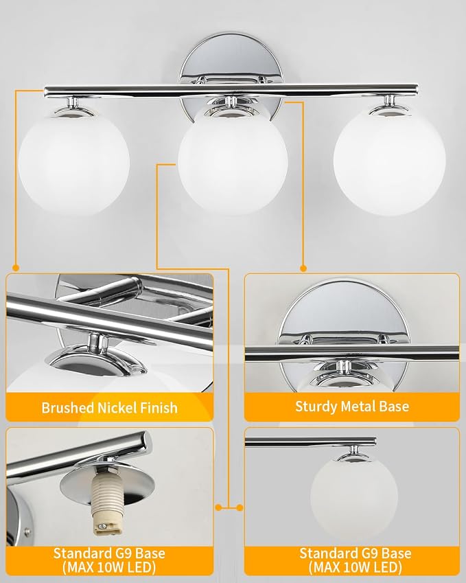 Globe Bathroom Light Fixtures Chrome Vanity Light - Image 5