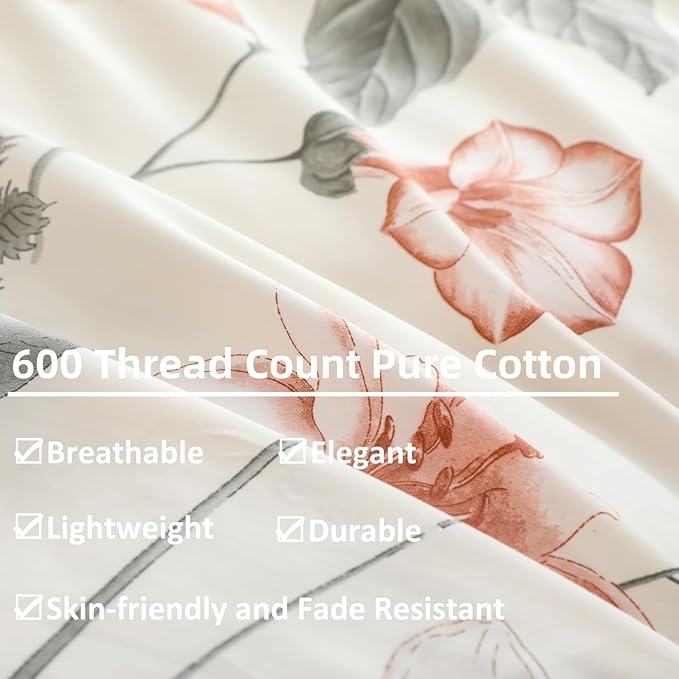 OAITE Duvet Cover Set Twin Size Floral Pattern 600 Thread Count Ultra Soft 100% - Image 4