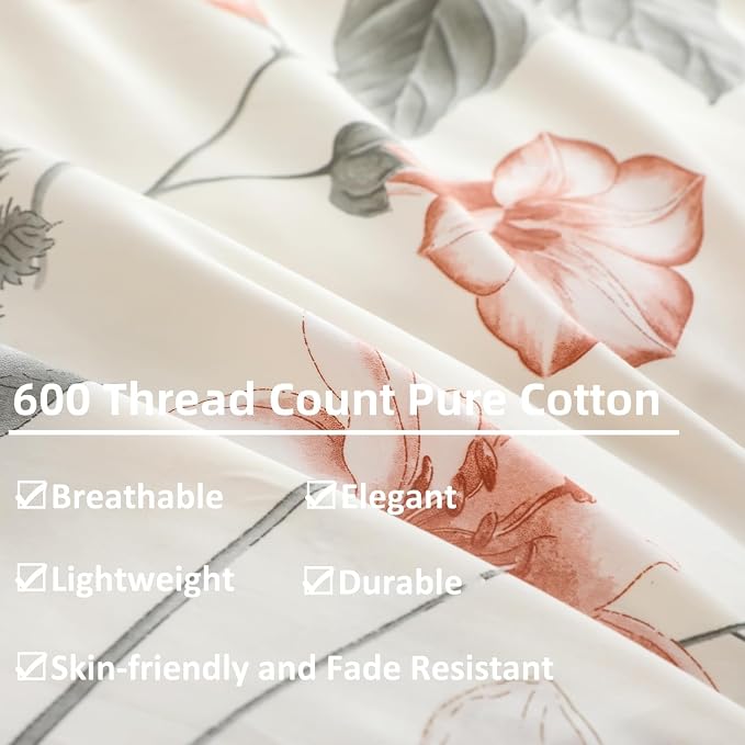 OAITE Duvet Cover Set Queen Size Floral Pattern 600 Thread Count Ultra Soft - Image 4