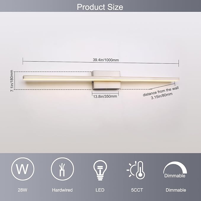 39.4 inch Brushed Nickel Bathroom Vanity Light Bar 5CCT Dimmable Bathroom Light - Image 5
