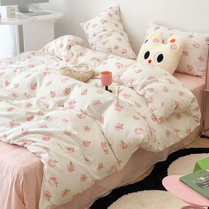 Nayoroom Pink Peach Duvet Cover Full Size Kawaii Fruit Peaches Rabbit Printed - Image 2