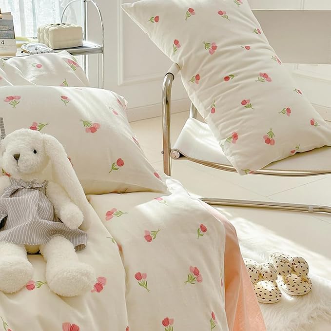 Nayoroom Pink Floral Duvet Cover Full Size Cute Tulip Printed on White - Image 6