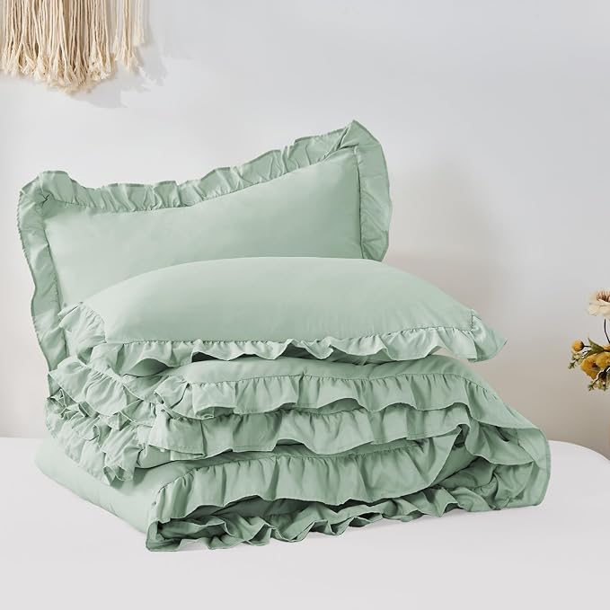 FUANNA Queen Comforter Set Sage Green, 3 Pieces Ruffle Queen Bed Set, Fluffy - Image 9